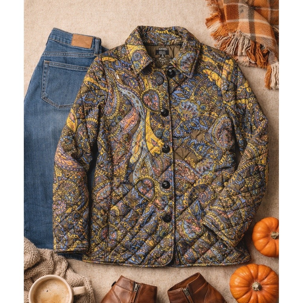 Jones New York Quilted Jacket Womens Size M Multi Paisley Excellent Collared